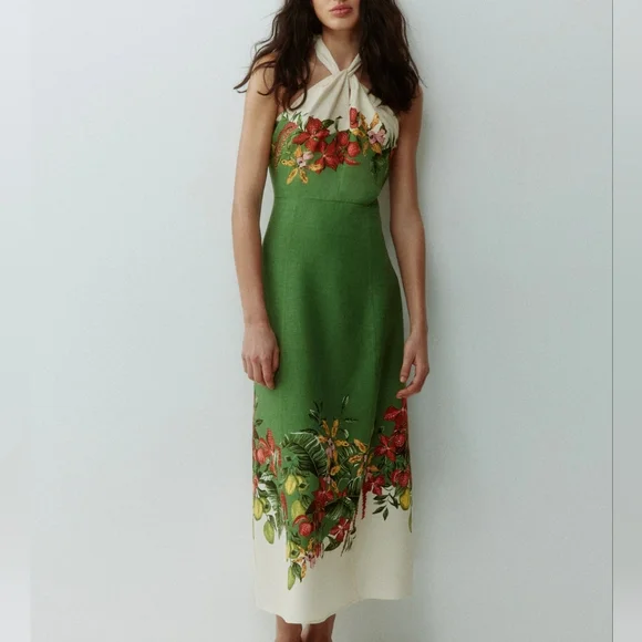 H&M PREMIUM linen-blend halterneck dress floral green/flowers Sz XXL BNWT - Picture 3 of 9